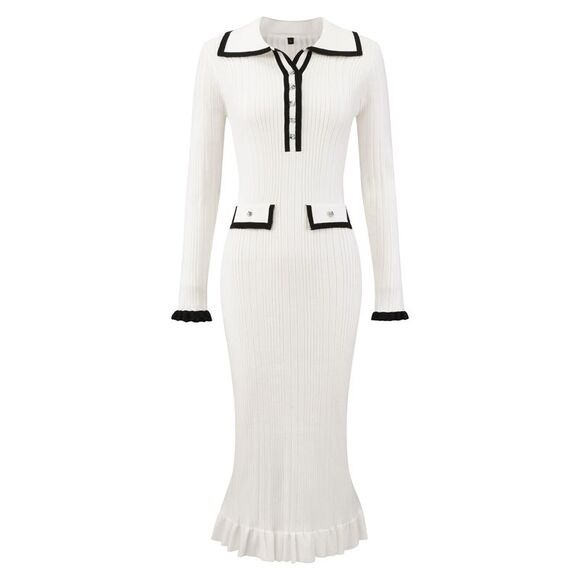 Hobemty Dresses & Skirts - Women's Winter Sweater Dress Contrast Trim Ruffled Hem Bodycon Dress White